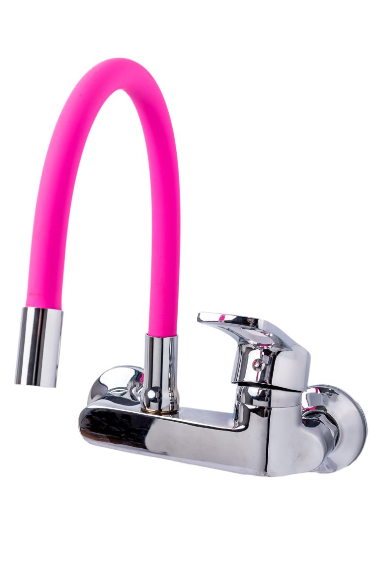 Baterie bucatarie,tip lebada  , prindere pe perete, pipa flexibila roz , TRENDY S, 4646, trendysanitary.ro