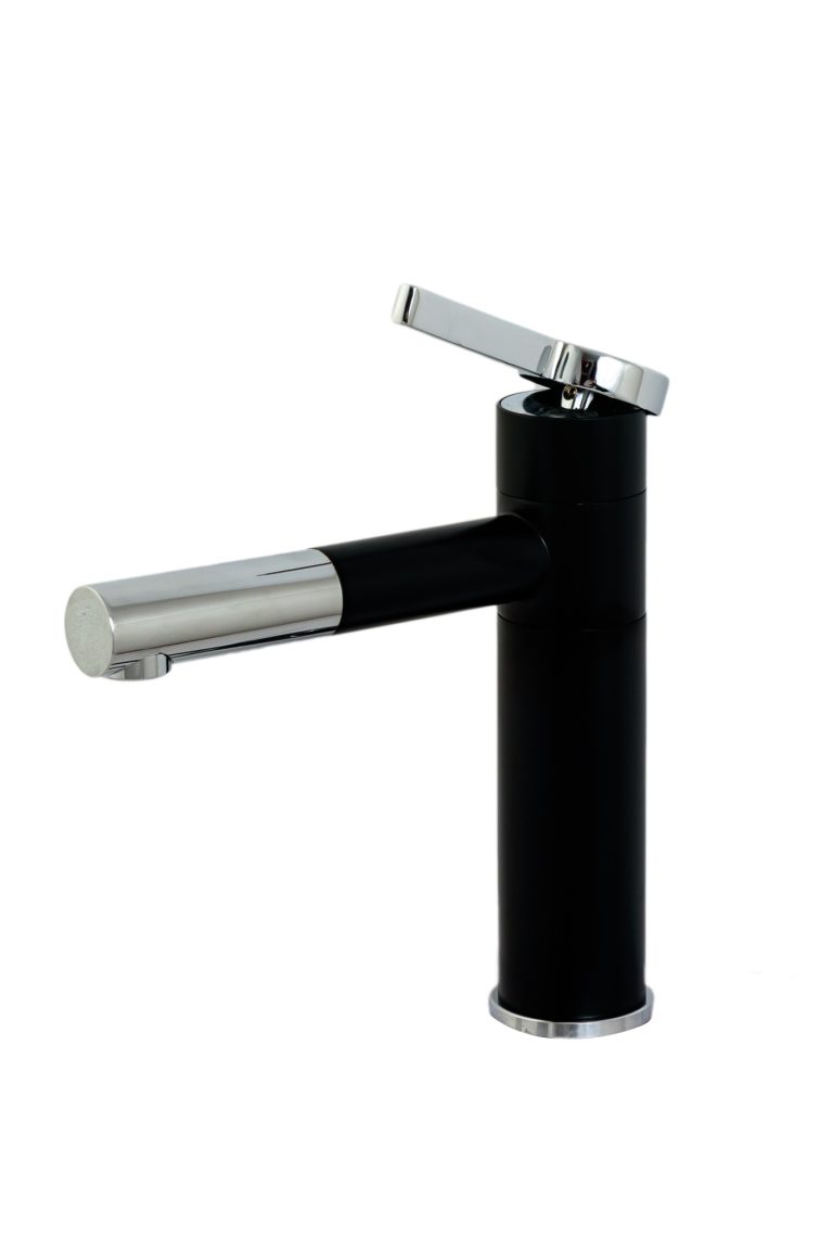 Baterie lavoar TRENDY S, design cilindric , montare chiuveta baie , black-chrom, 8450, trendysanitary.ro