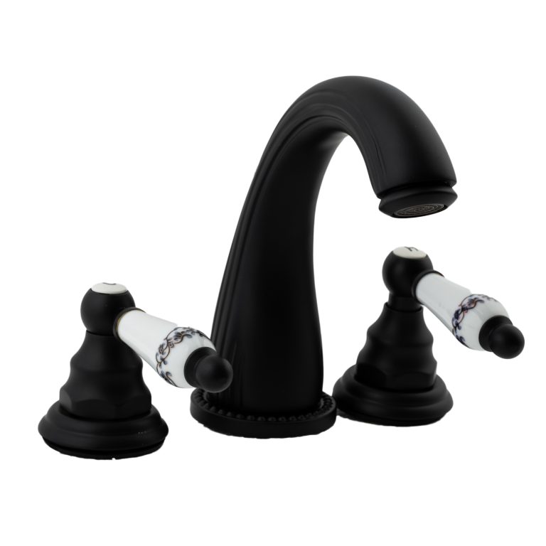 Baterie lavoar TRENDY’S, cu trei căi, montare pe chiuvetă, negru antichizat, cu broderie ceramică, 6640, trendysanitary.ro