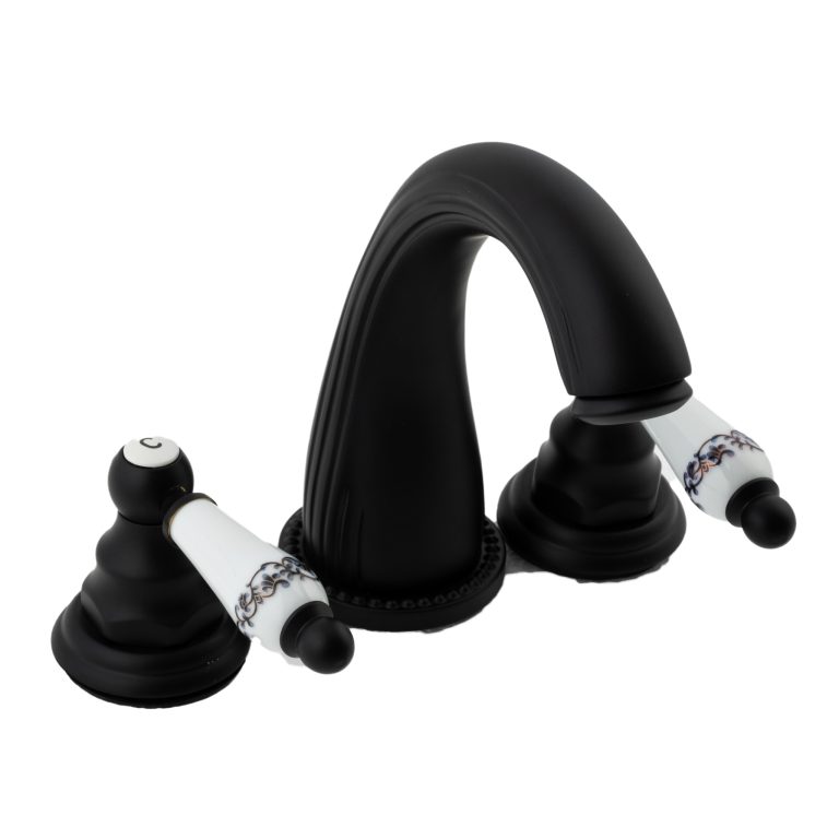 Baterie lavoar TRENDY’S, cu trei căi, montare pe chiuvetă, negru antichizat, cu broderie ceramică, 9312, trendysanitary.ro