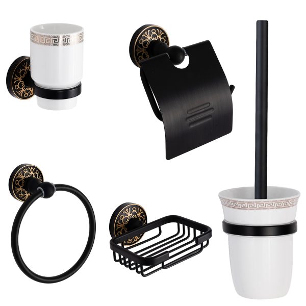 Set accesorii baie TRENDY’S , 5 piese negru -auriu, 8645, trendysanitary.ro