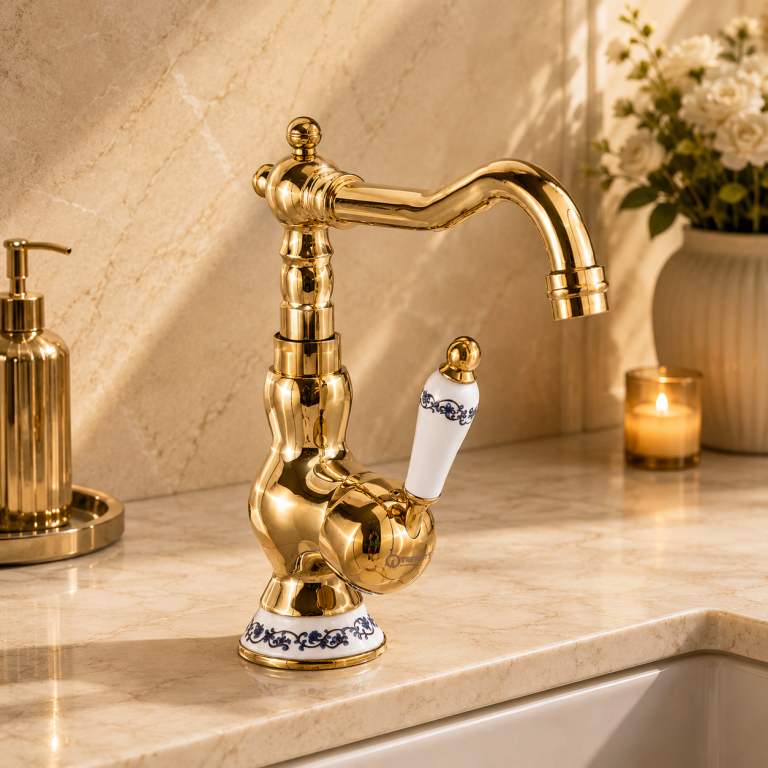 Baterie lavoar TRENDY’S, înălțime medie, gold, cu broderie ceramică, 6002, trendysanitary.ro