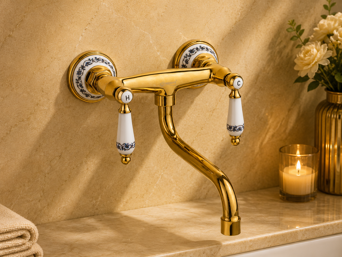 Baterie bucatarie TRENDY’S, montare pe perete, cu broderie ceramica, 2377, trendysanitary.ro