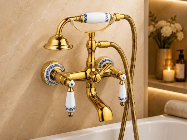 Baterie cadă TRENDY’S, montare pe perete, gold, cu broderie ceramică, 9140, trendysanitary.ro