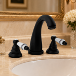 Baterie lavoar TRENDY’S, cu trei căi, montare pe chiuvetă, negru antichizat, cu broderie ceramică, 4686, trendysanitary.ro