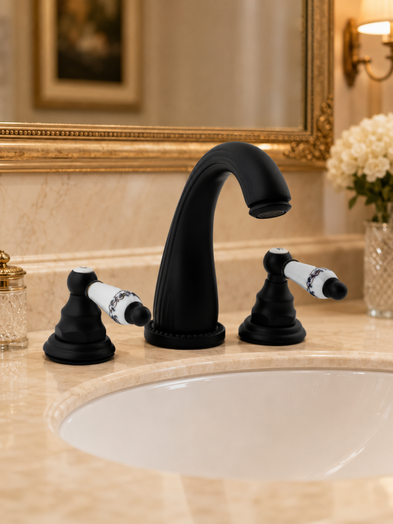 Baterie lavoar TRENDY’S, cu trei căi, montare pe chiuvetă, negru antichizat, cu broderie ceramică, 4407, trendysanitary.ro