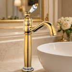 Baterie lavoar TRENDY’S, montare pe blat, gold, cu broderie ceramică, 3694, trendysanitary.ro