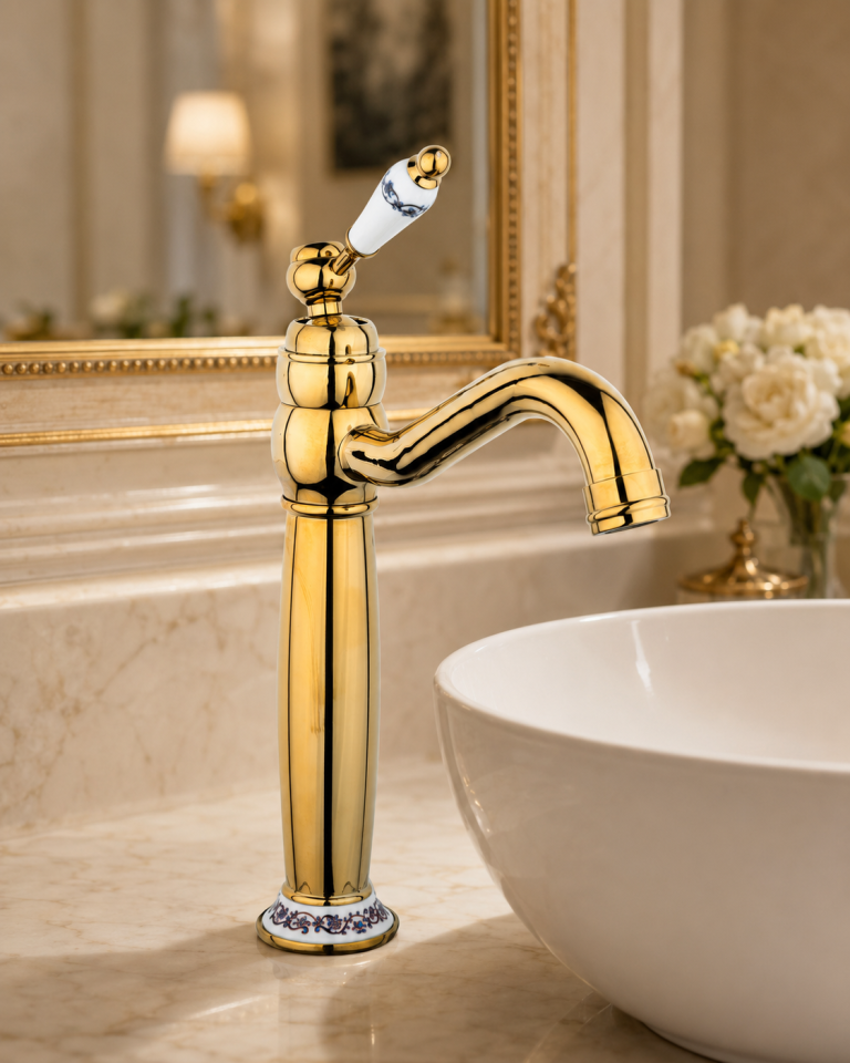Baterie lavoar TRENDY’S, montare pe blat, gold, cu broderie ceramică, 3892, trendysanitary.ro
