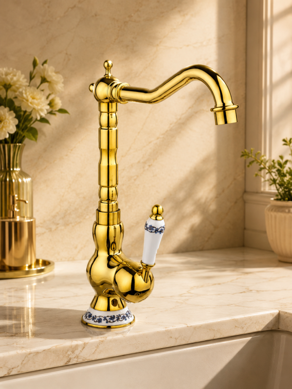 Baterie lebădă TRENDY’S, gold, cu broderie ceramică, 2189, trendysanitary.ro