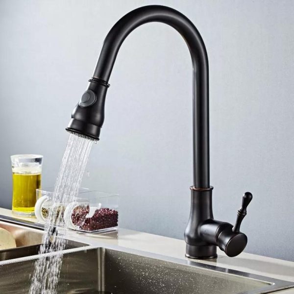Baterii chiuveta bucatarie, Baterie chiuvetă bucătărie înaltă, cu duș extensibil, finisaj negru, trendysanitary.ro