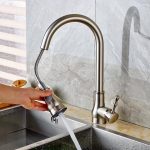 Baterie bucătărie tip lebădă, cu duș extractibil, perlator 2 funcții, finisaj inox satinat, 5347, trendysanitary.ro