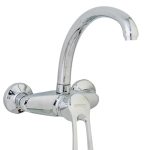 Baterie bucătărie TRENDY’S, montare pe perete, pipă tip lebădă, finisaj crom lucios, 8407, trendysanitary.ro