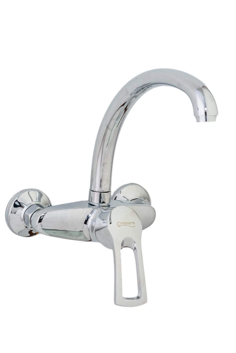 Baterie bucătărie TRENDY’S, montare pe perete, pipă tip lebădă, finisaj crom lucios, 3081, trendysanitary.ro