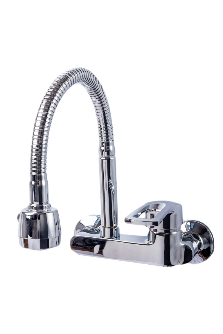 Baterie bucătărie TRENDY’S, montare pe perete, pipă flexibilă, perlator 2 funcții, finisaj crom lucios, 1751, trendysanitary.ro