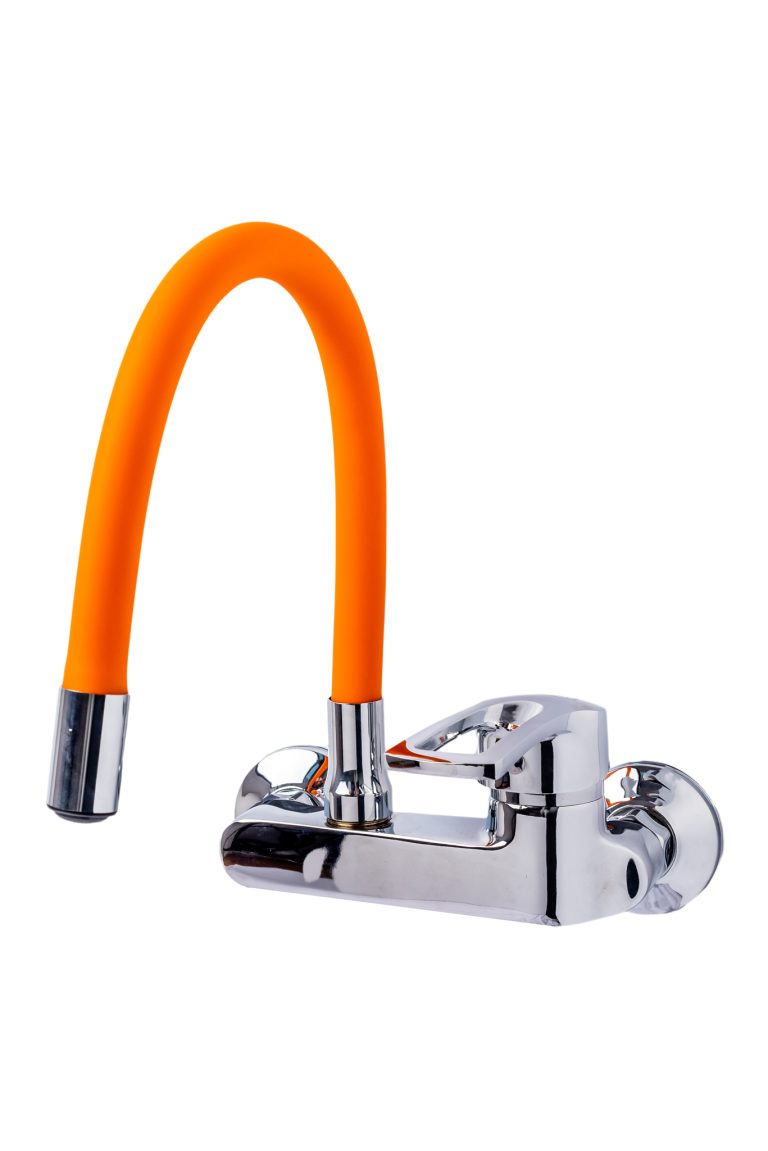 Baterie bucatarie,prindere pe perete,pipa flexibila portocalie , 1041, trendysanitary.ro
