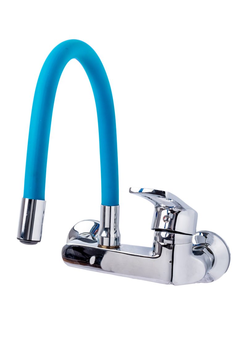 Baterie bucatarie,tip lebada, prindere pe perete, pipa flexibila blue, 1234, trendysanitary.ro