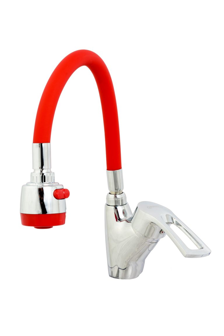 Baterii chiuveta bucatarie, Baterie bucatarie pipa flexibila rosie, perlator doua functii, trendysanitary.ro