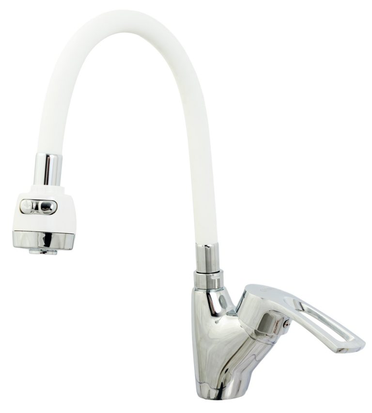 Baterii chiuveta bucatarie, Baterie bucatarie pipa flexibila alba,perlator doua functii, trendysanitary.ro