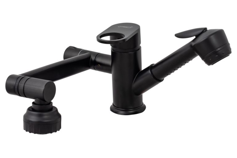 Baterii chiuveta baie, Baterie lavoar , TRENDY S, pipa mobila , para de dus extractabila , negru mat, trendysanitary.ro