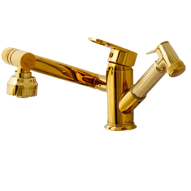 Baterii chiuveta baie, Baterie lavoar , TRENDY S, pipa mobila , para de dus extractabila, gold, trendysanitary.ro