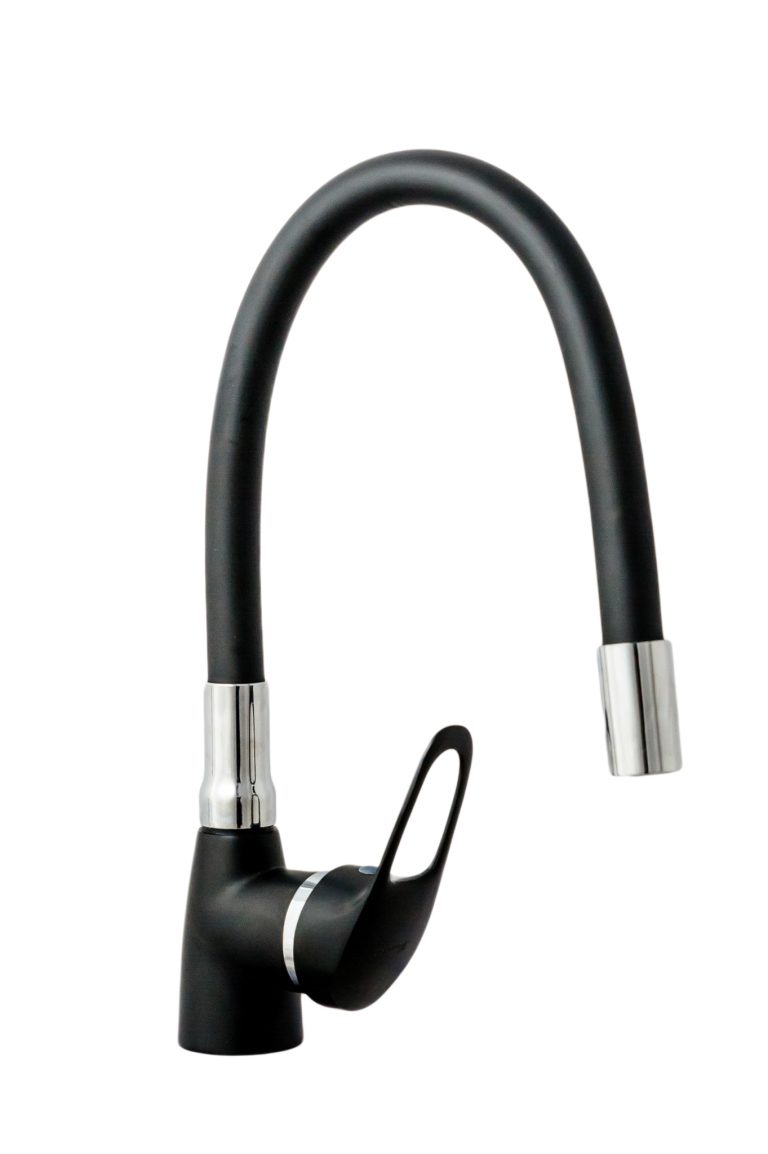 Baterii chiuveta bucatarie, Baterie bucatarie tip lebada,pipa flexibila neagra, trendysanitary.ro