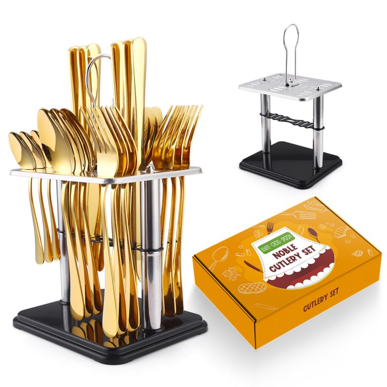 Set 24 tacamuri din inox,pentru 6 persoane, cu suport din inox , auriu, 646, trendysanitary.ro