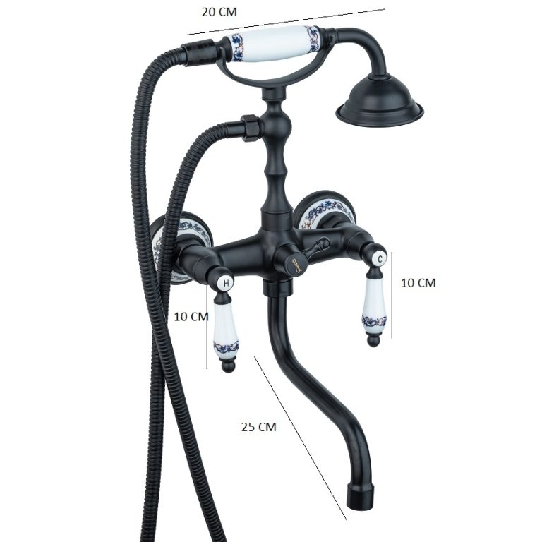 Baterii Sanitare Moderne, Baterie cada, montare pe perete, pipa lunga mobila , negru mat cu broderie ceramica, trendysanitary.ro