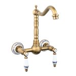 Baterie bucatarie montare pe perete,tip lebada, bronz antichizat cu broderie ceramica, 5811, trendysanitary.ro