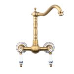 Baterie bucatarie montare pe perete,tip lebada, bronz antichizat cu broderie ceramica, 7306, trendysanitary.ro