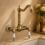 Baterie bucatarie montare pe perete,tip lebada, bronz antichizat cu broderie ceramica, 2710, trendysanitary.ro
