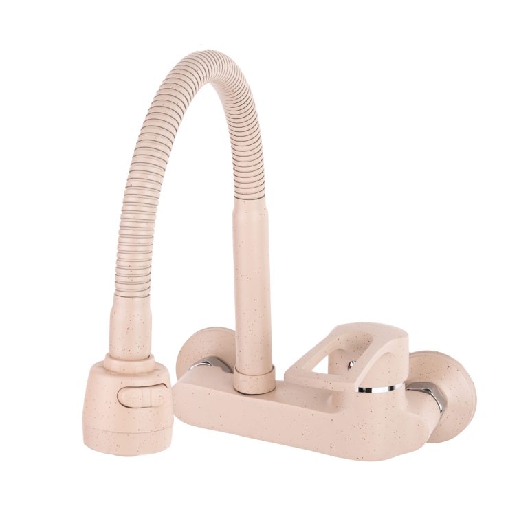 Baterie bucătărie TRENDY’S, montare pe perete, pipă flexibilă, perlator 2 funcții, finisaj granit bej, 1030, trendysanitary.ro