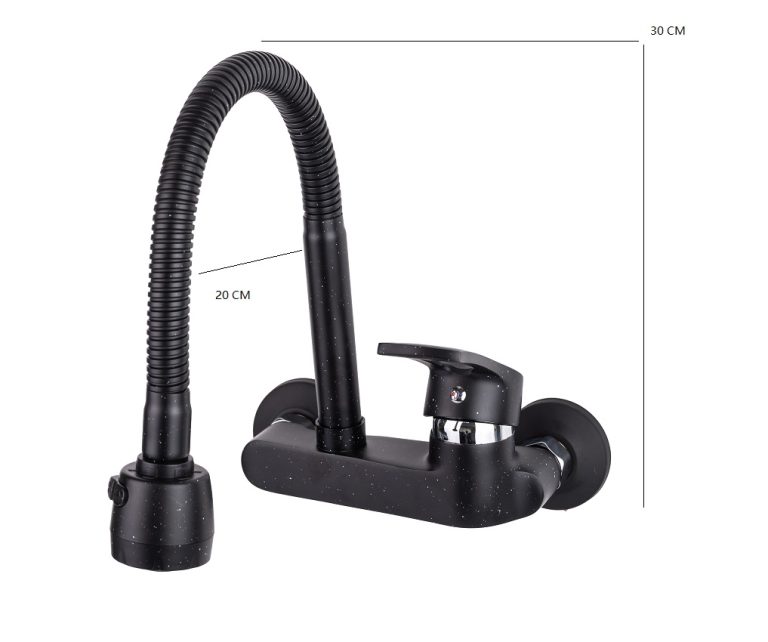 Baterie bucătărie TRENDY’S, montare pe perete, pipă flexibilă, perlator 2 funcții, finisaj granit negru, 1275, trendysanitary.ro