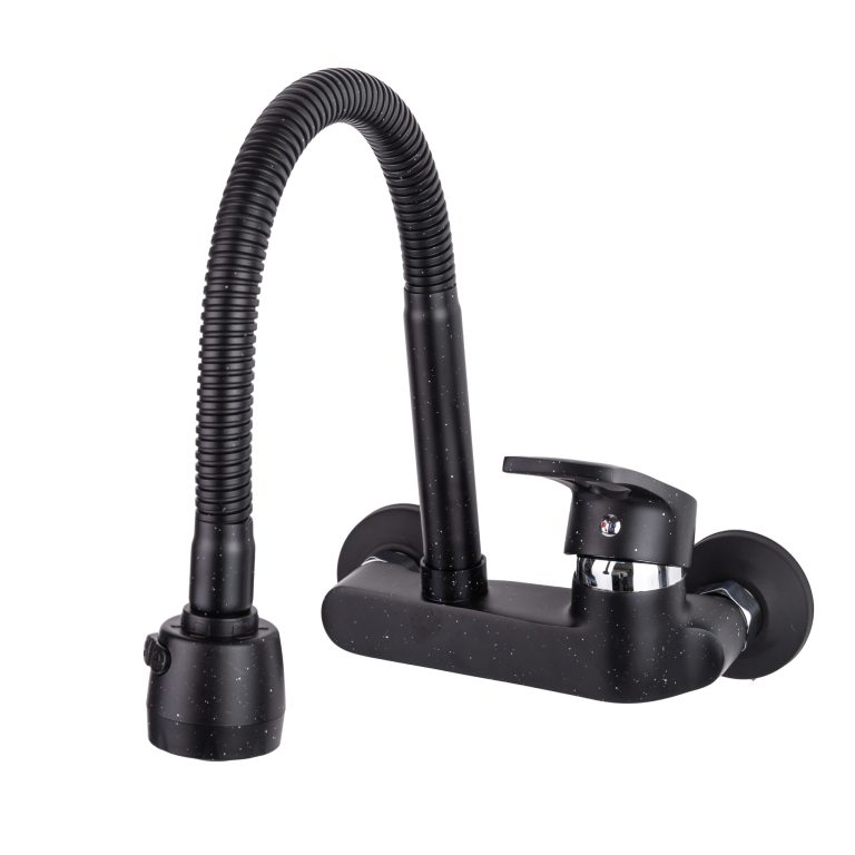 Baterie bucătărie TRENDY’S, montare pe perete, pipă flexibilă, perlator 2 funcții, finisaj granit negru, 5677, trendysanitary.ro