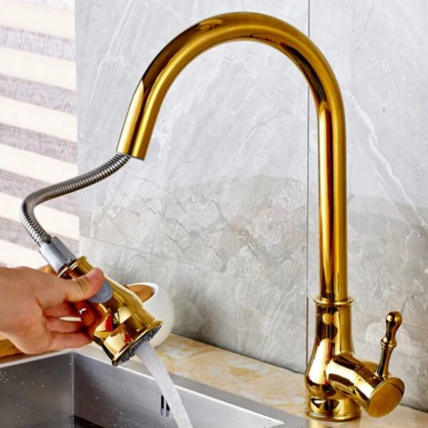 Baterie bucătărie tip lebădă, cu duș extractibil și perlator cu 2 funcții, 5390, trendysanitary.ro