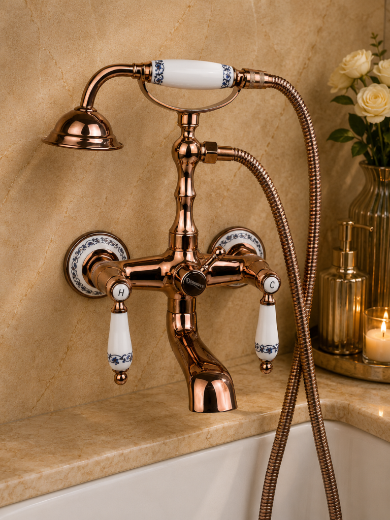 Baterie cada montare pe perete, rose-gold, cu broderie ceramica, 5972, trendysanitary.ro
