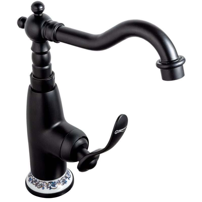 Baterii chiuveta baie, Baterie lavoar, inaltime medie, negru mat cu broderie ceramica, trendysanitary.ro