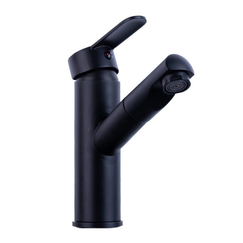 Baterii chiuveta baie, Baterie lavoar, TRENDY S, para dus extractabila, negru mat, trendysanitary.ro