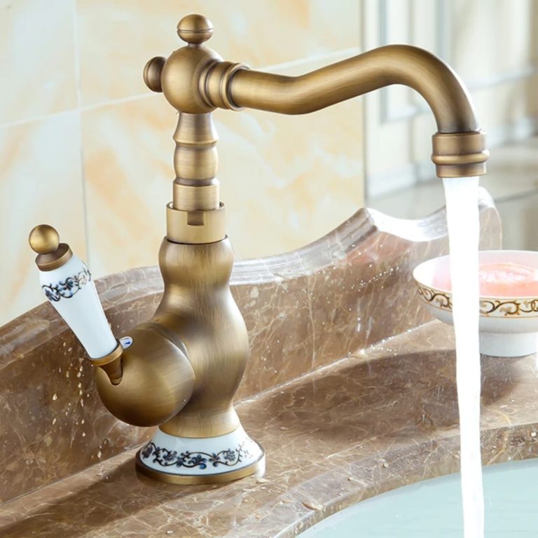 Baterii chiuveta baie, Baterie lavoar, înălțime medie, bronz antichizat, cu broderie ceramică, trendysanitary.ro