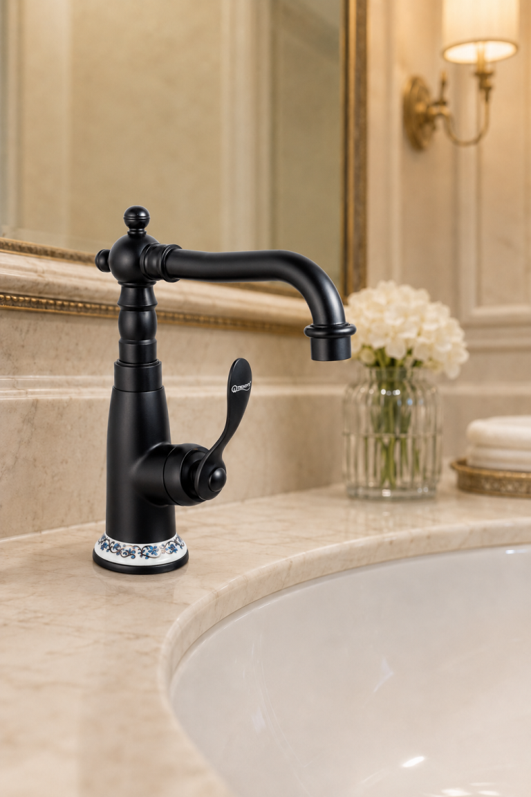 Baterie lavoar, inaltime medie, negru mat cu broderie ceramica, 2411, trendysanitary.ro