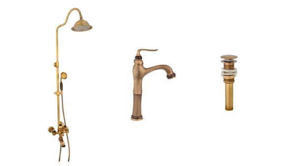 Coloana de dus TRENDY’S,cu trei functii , jade-bronz antichizat+baterie lavoar montare pe blat cu ventil inclus, 5416, trendysanitary.ro