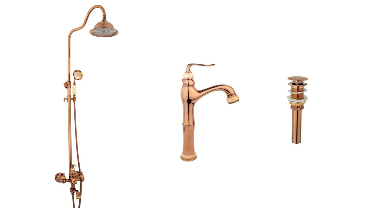 Coloana de dus TRENDY’S, cu trei functii , jade- rose gold+baterie lavoar montare pe blat cu ventil inclus, 4821, trendysanitary.ro