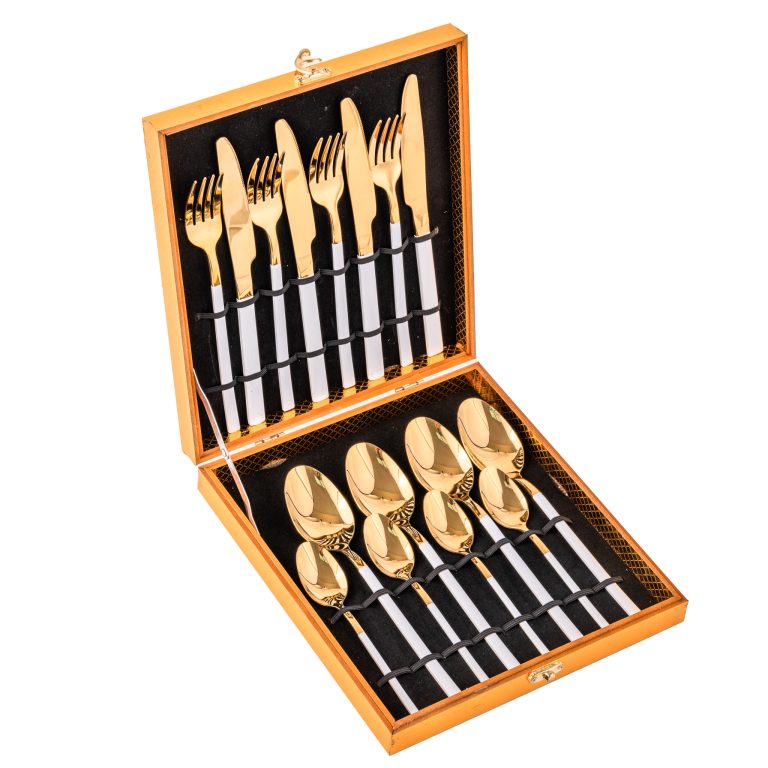 Set 16 tacamuri din inox, alb-gold, 7324, trendysanitary.ro