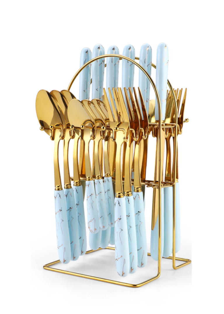 Set tacamuri din inox 24 piese, cu suport, blue-gold, 9153, trendysanitary.ro