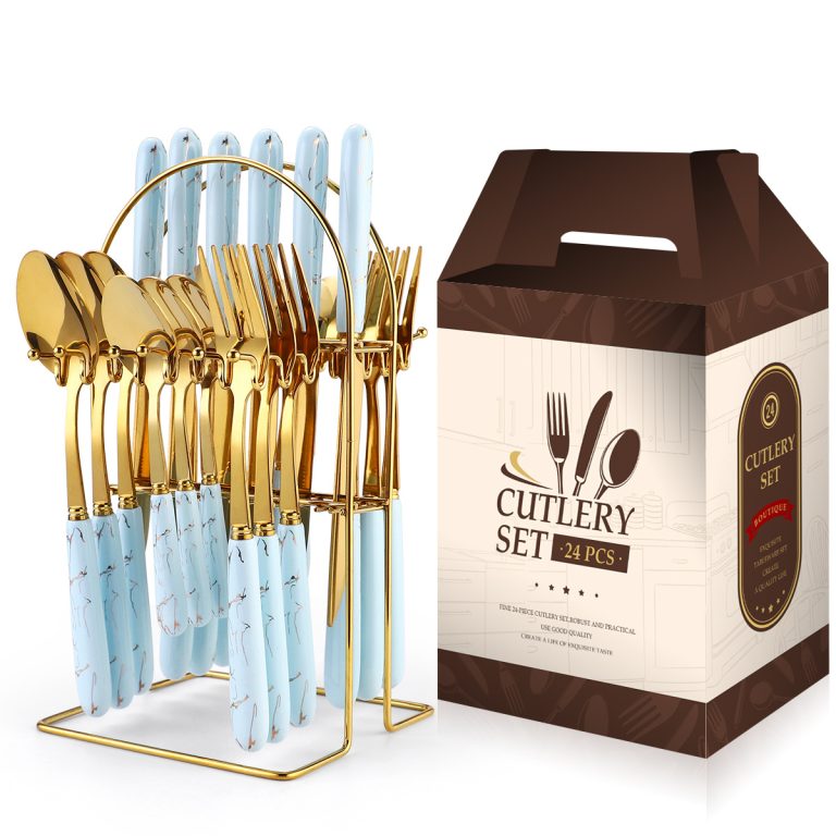 Set tacamuri din inox 24 piese, cu suport, blue-gold, 8797, trendysanitary.ro