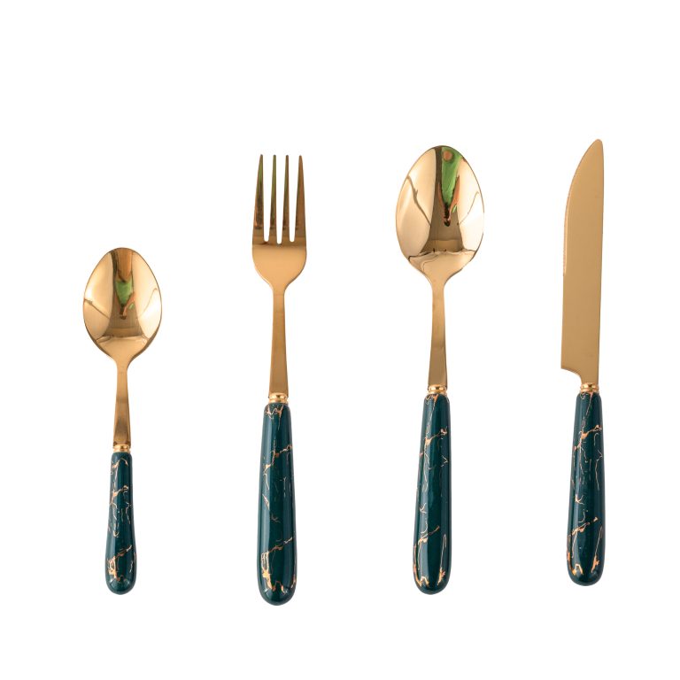 Set tacamuri din inox 24 piese, cu suport, Set tacamuri din inox 24 piese, cu suport, verde-gold, 7803, trendysanitary.ro