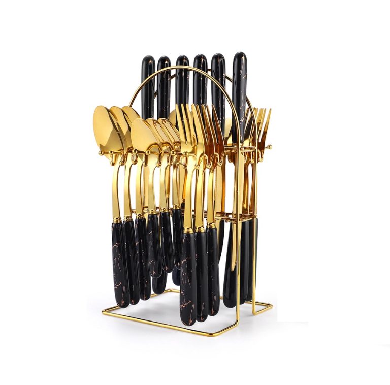Set tacamuri din inox 24 piese, cu suport, negru gold, 1941, trendysanitary.ro