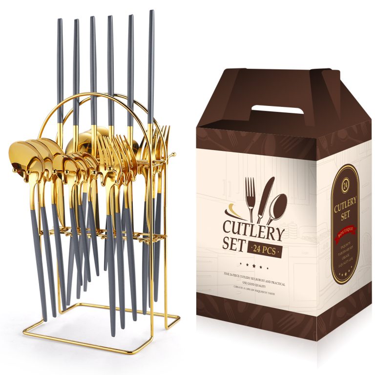 Set tacamuri portugheze, din inox 24 piese, cu suport, gri-gold, 5689, trendysanitary.ro