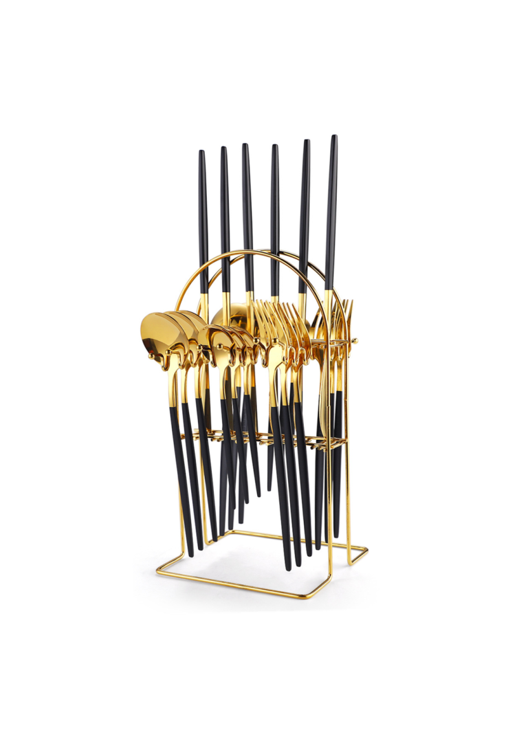 Set tacamuri portugheze, din inox 24 piese, cu suport,negru-gold, 1635, trendysanitary.ro