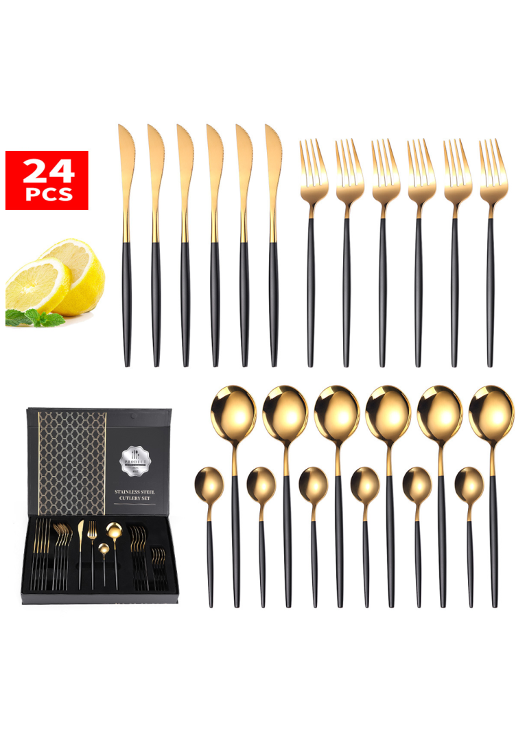 Set tacamuri portugheze, din inox 24 piese, cu suport,negru-gold, 2911, trendysanitary.ro