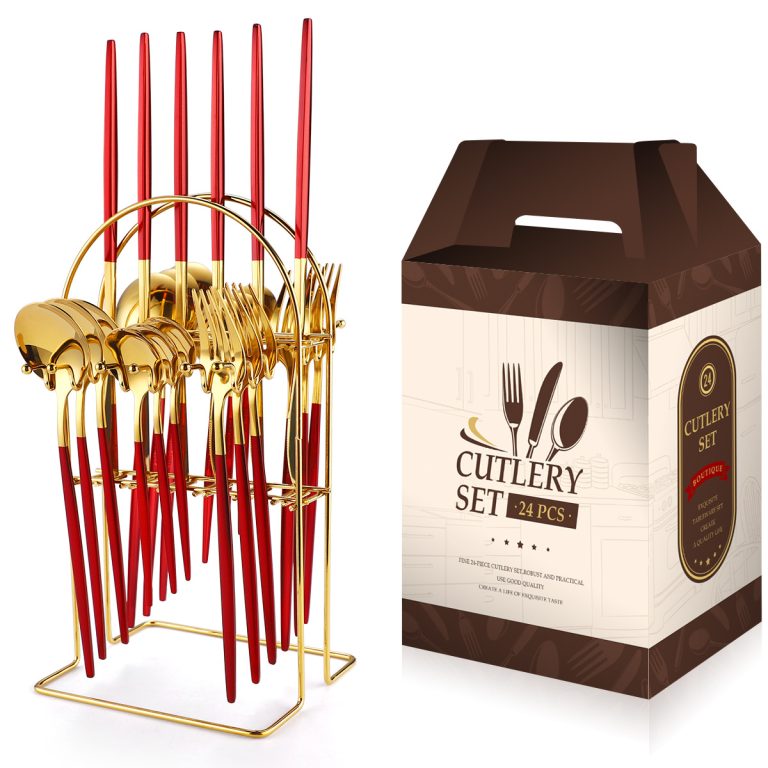 Set tacamuri portugheze, din inox 24 piese, cu suport,rosu-gold, 7229, trendysanitary.ro
